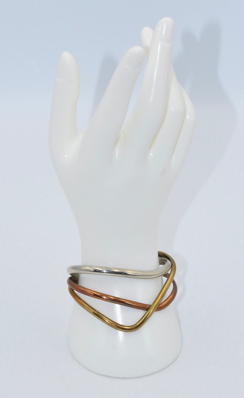 Vintage Reneé Lepre Tri-Color Cuff Bracelet - Modernist Metal Cuff Bracelet